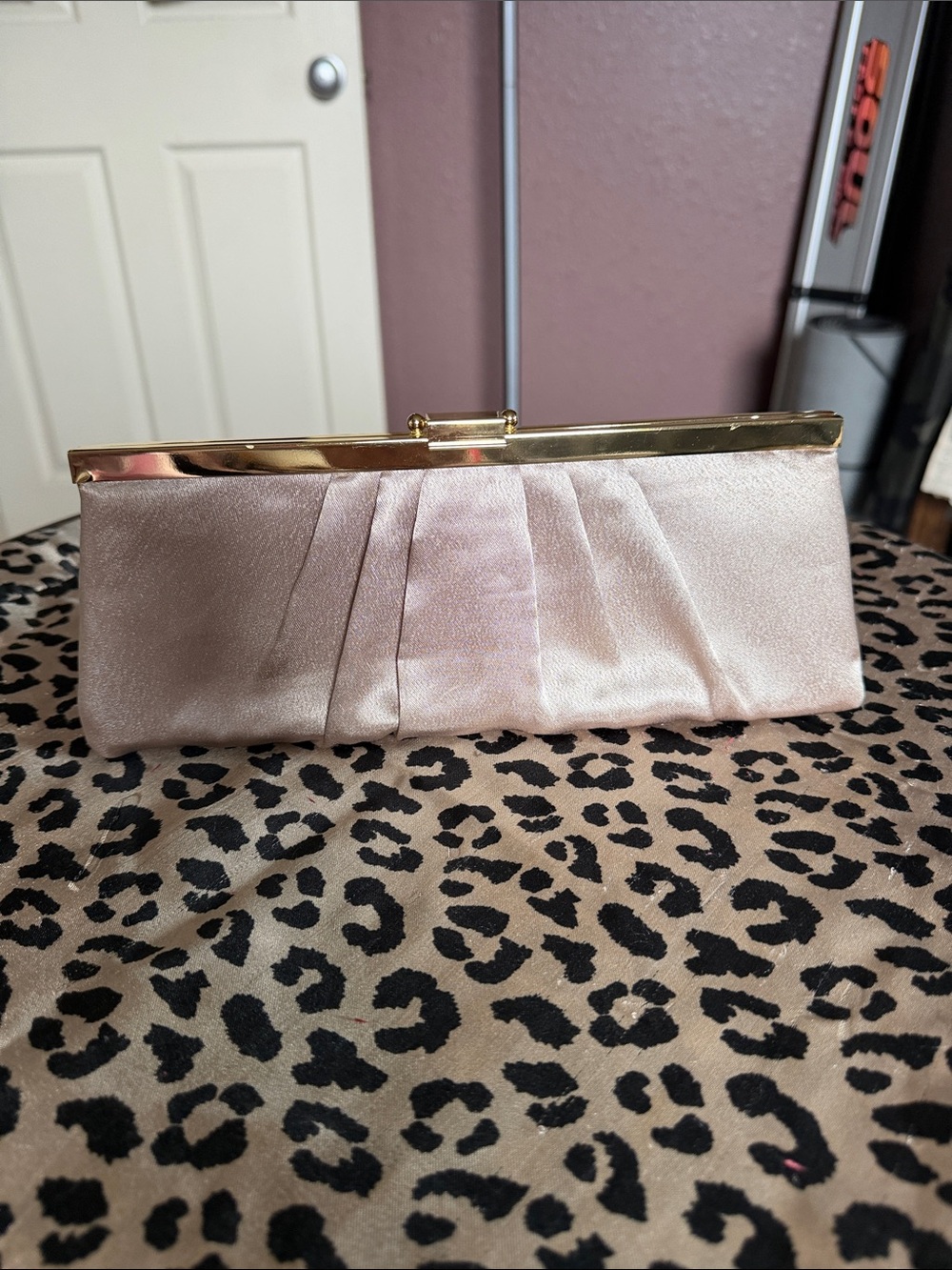Elegant Satin Pleated Clutch Handbag in Blush Sand with Gold Trim